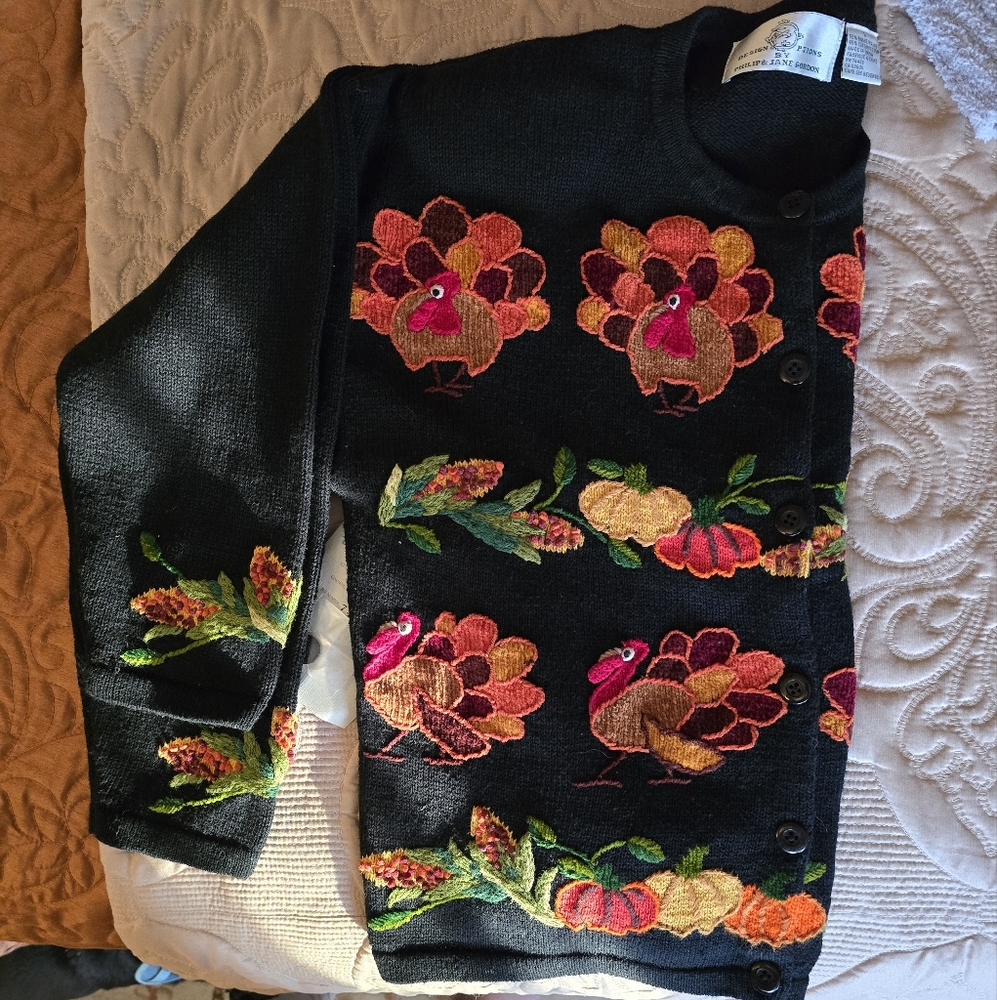 Holiday Black Turkey and Pumpkins Cardigan Sweater - Picture 2 of 10
